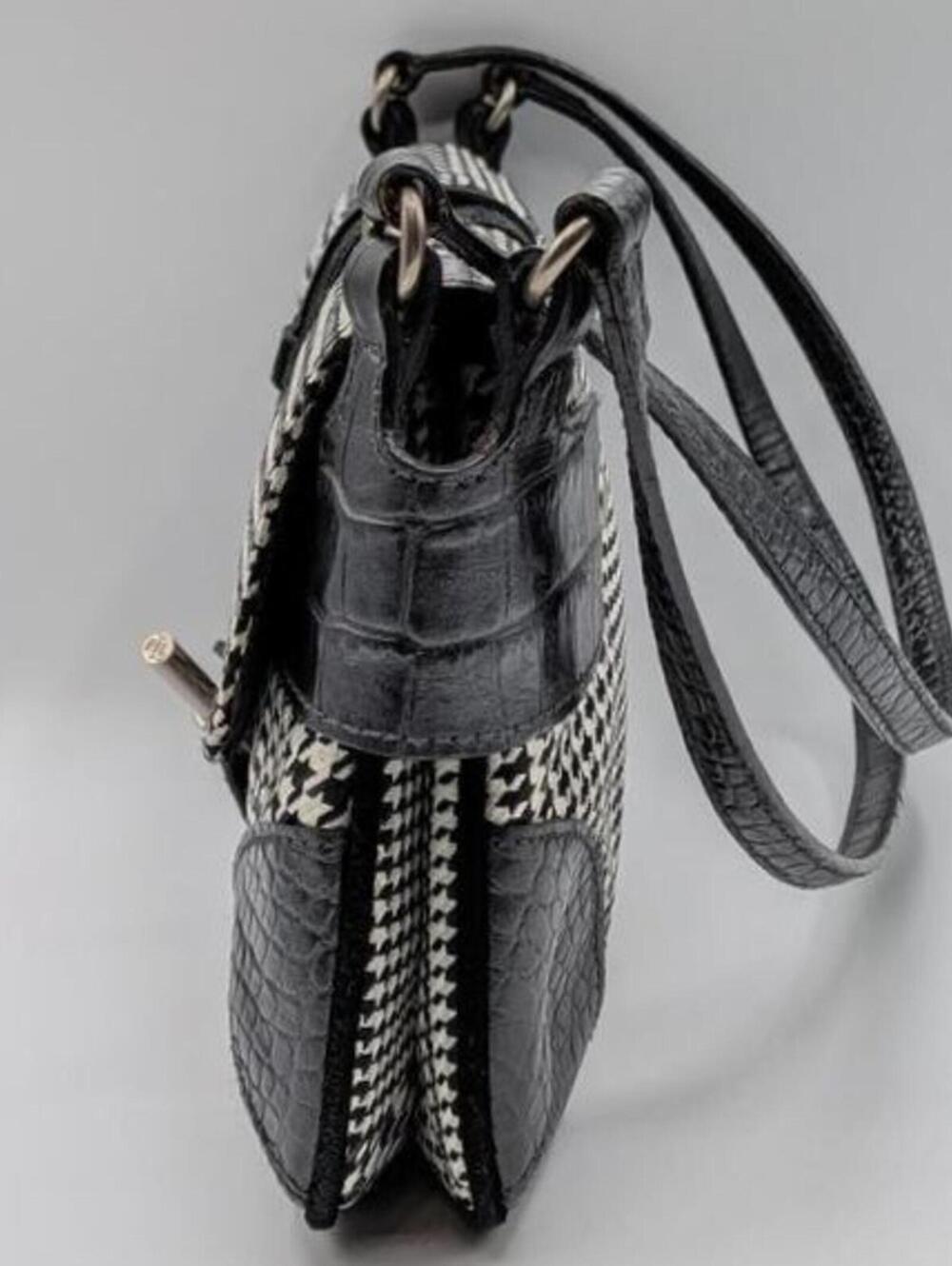 Lauren Ralph Lauren $298 Y2K Black White Purple Houndstooth Leather Accent Bag - Picture 9 of 10